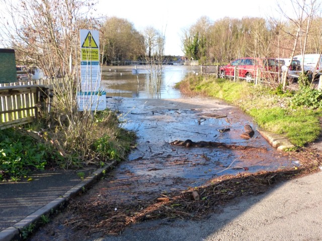 Water lapping the road at the top of the slipway at Weybridge Jan 9th 2014